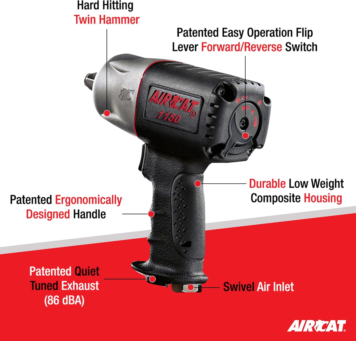 Aircat 1150 feature callout: twin hammer, flip lever, ergonomic handle, composite housing, quiet exhaust, swivel air inlet
