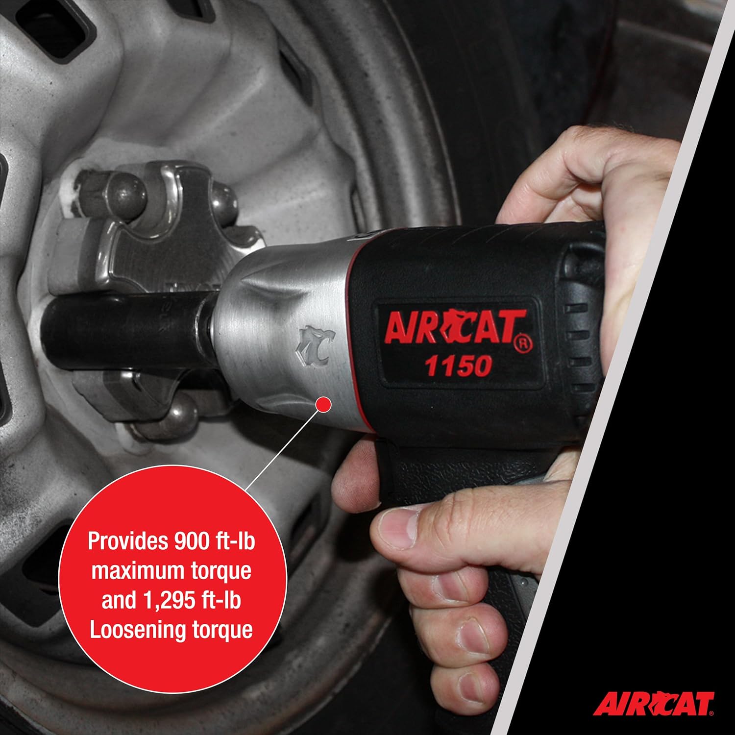 Aircat 1150 lifestyle shot: removing lug nuts with 900 ft-lb max torque and 1,295 ft-lb loosening torque callout