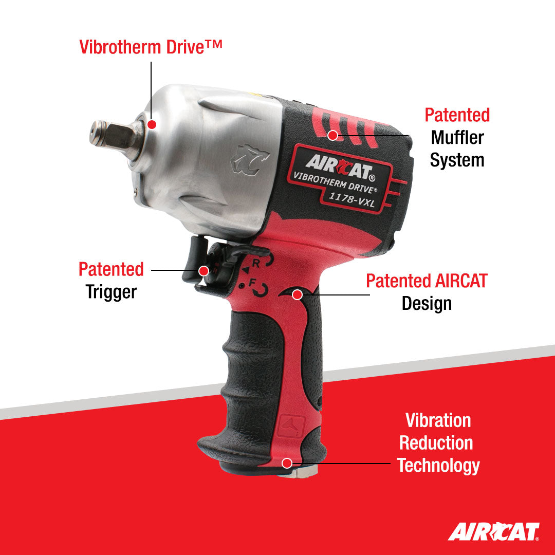 Aircat 1178-VXL-2 Vibrotherm Drive Impact Wrench feature callout: Vibrotherm Drive, Patented Muffler System, Patented Trigger, Patented AIRCAT Design, Vibration Reduction Technology