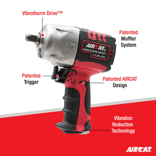 Aircat 1178-VXL-2 Vibrotherm Drive Impact Wrench feature callout: Vibrotherm Drive, Patented Muffler System, Patented Trigger, Patented AIRCAT Design, Vibration Reduction Technology