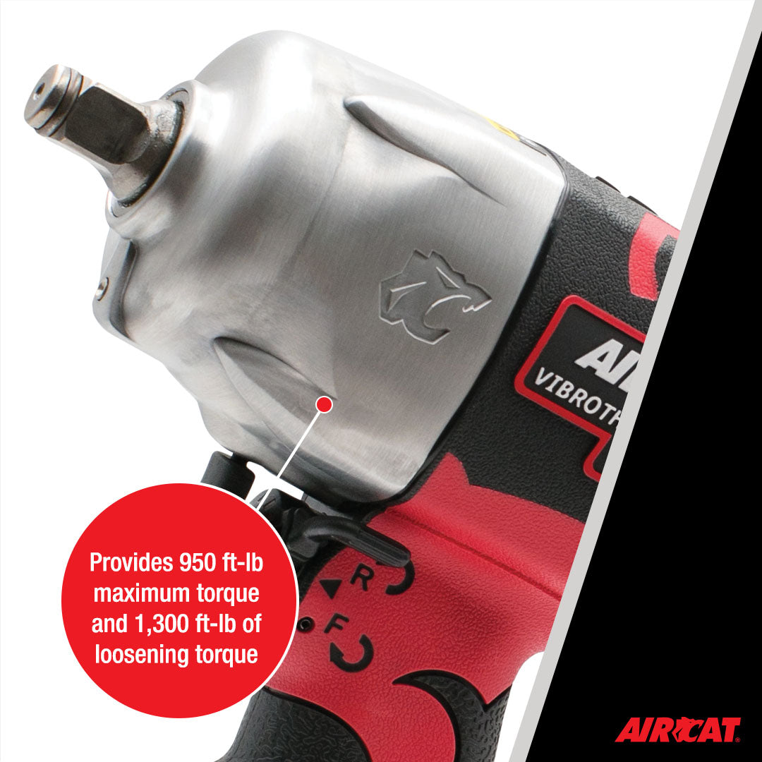 Aircat 1178-VXL 1/2 in Impact Wrench close-up showing 950 ft-lb max torque and 1300 ft-lb loosening torque callout