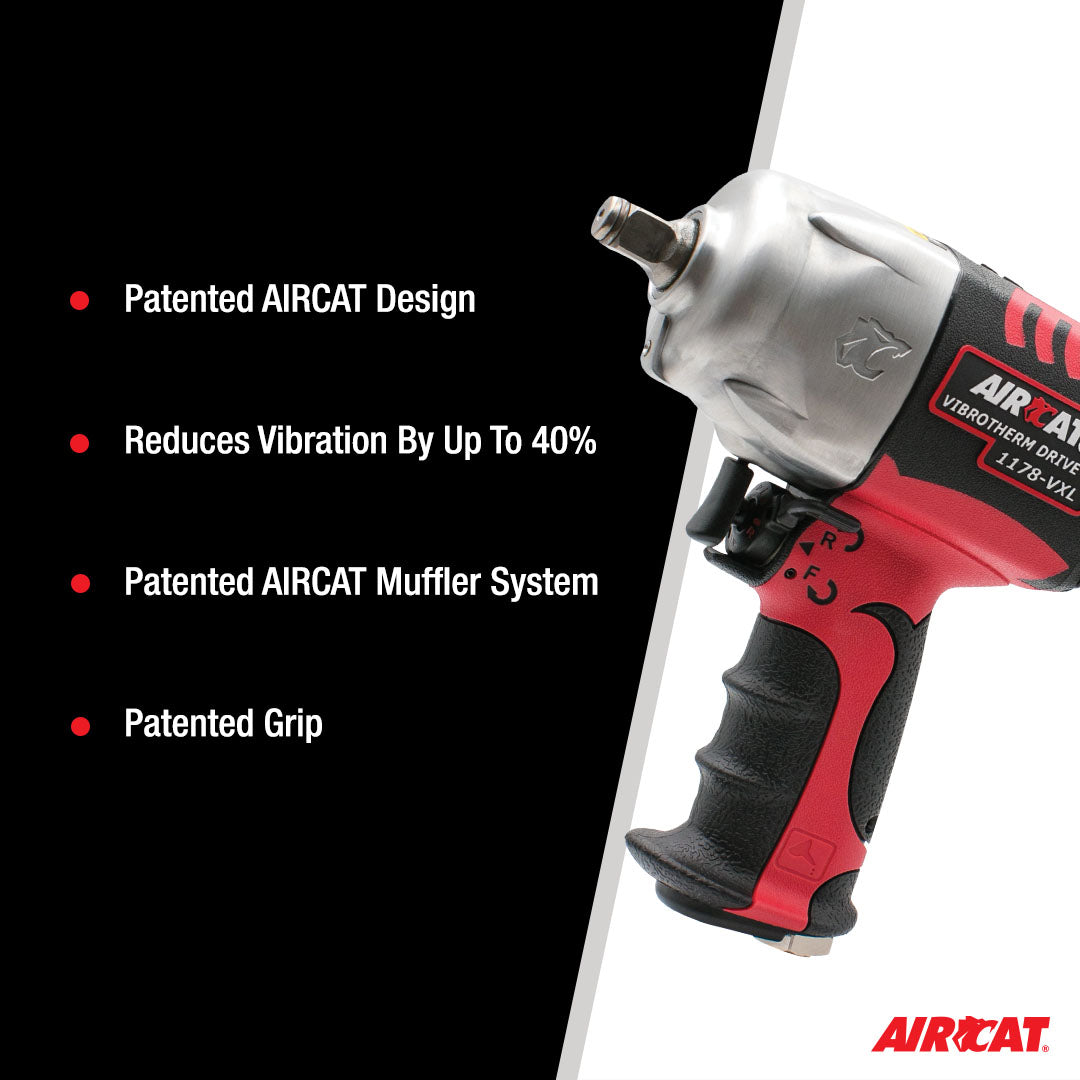 Aircat 1178-VXL-2 Vibrotherm Drive Impact Wrench feature list: Patented AIRCAT Design, Reduces Vibration Up To 40%, Patented Muffler System, Patented Grip