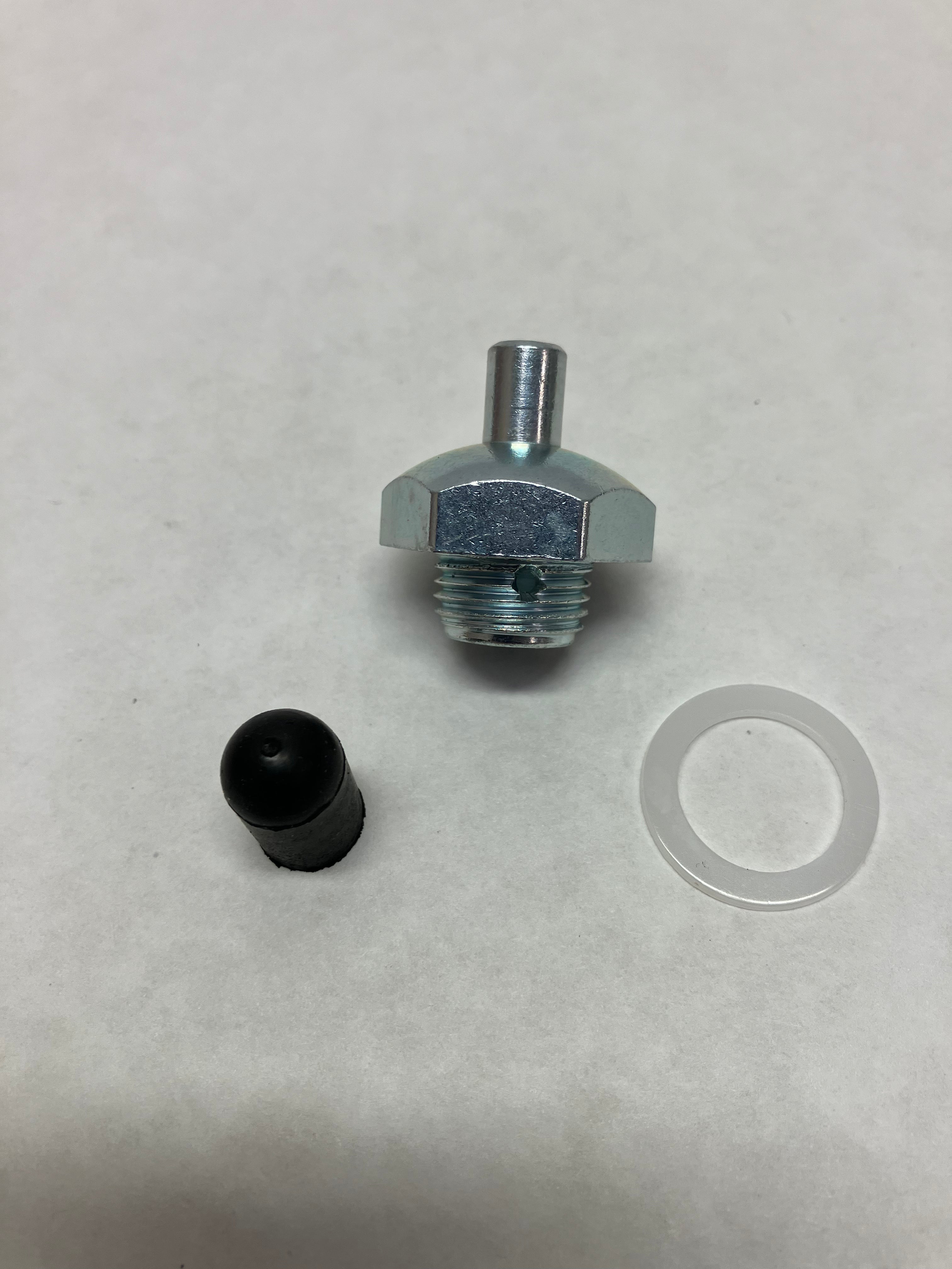 Sure Shot P118 Model A Filler Cap Assembly showing metal cap fitting, rubber check valve ball, and aluminum washer ring