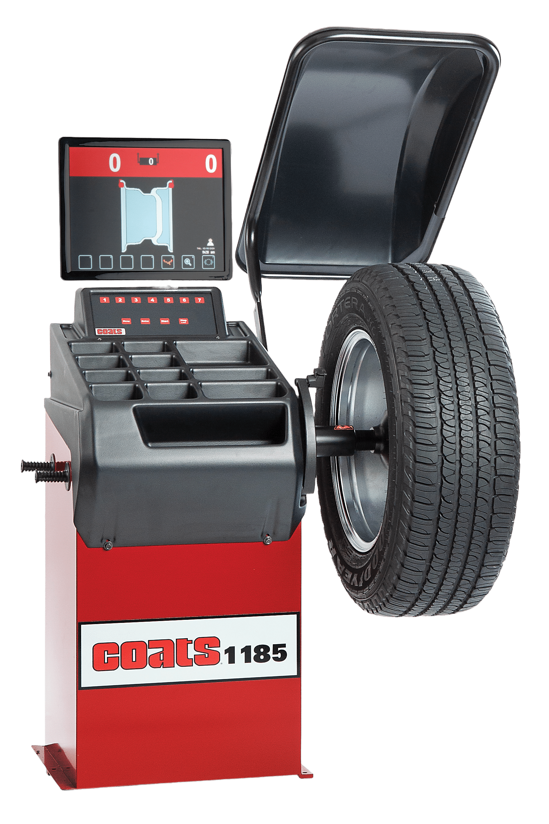 Coats 1185 Wheel Balancer quarter view with tire mounted on spindle