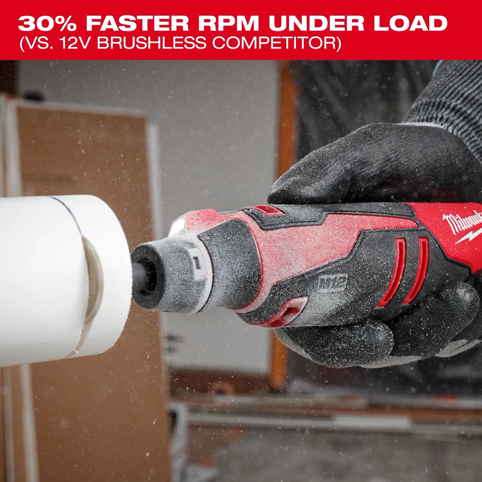 Milwaukee Tool 2525-20 M12 Brushless Rotary Tool in use cutting pipe, 30% faster RPM under load callout