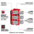 Milwaukee M18 Six Bay Daisy Chain Rapid Charger - feature diagram showing cord wrap, carrying handle, charge indicators, REDLINK Intelligence, daisy chain functionality and PACKOUT compatibility