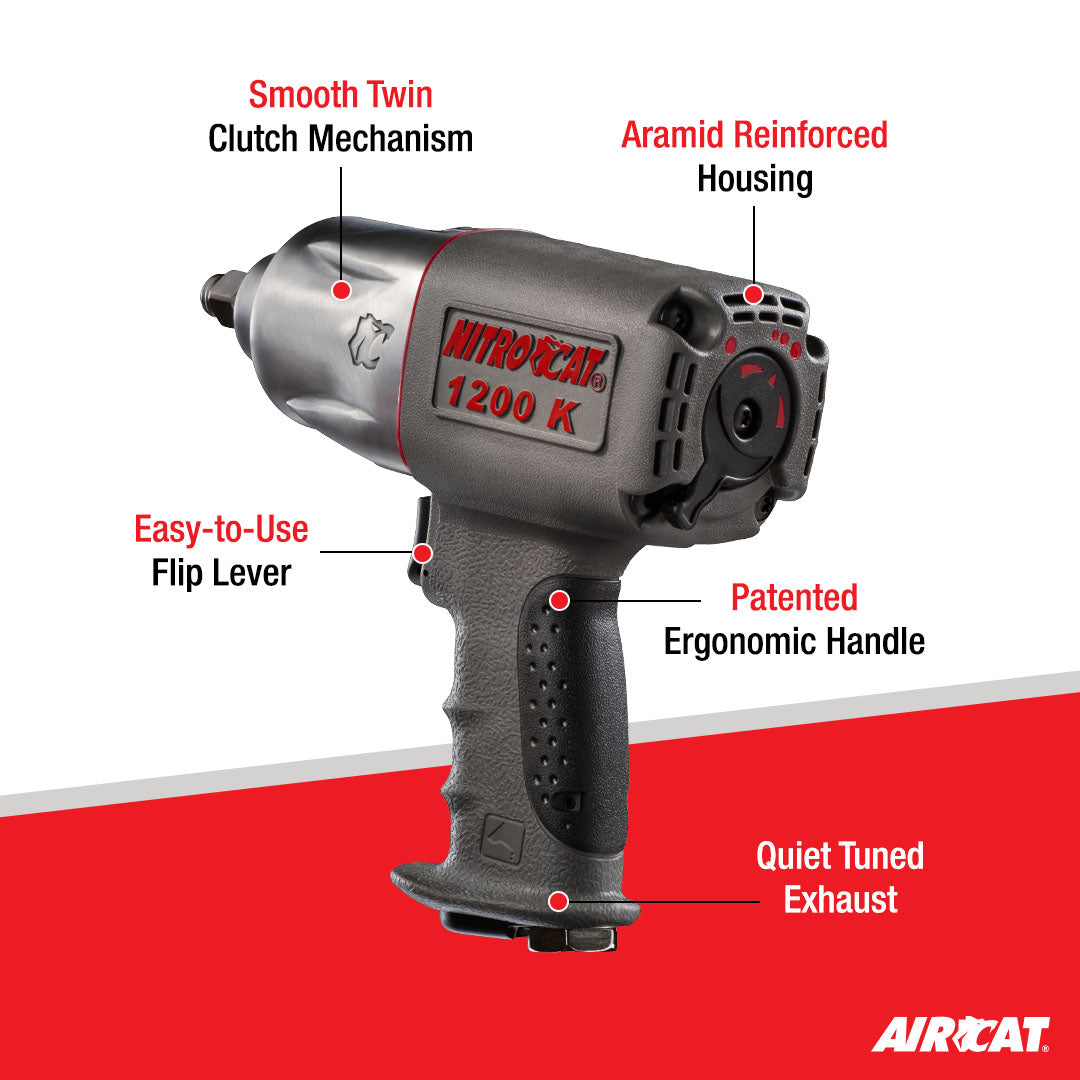 Aircat NitroCat 1200-K feature diagram highlighting smooth twin clutch mechanism, aramid reinforced housing, patented ergonomic handle, easy-to-use flip lever, and quiet tuned exhaust