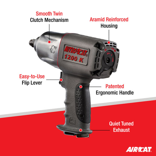 Aircat NitroCat 1200-K feature diagram highlighting smooth twin clutch mechanism, aramid reinforced housing, patented ergonomic handle, easy-to-use flip lever, and quiet tuned exhaust