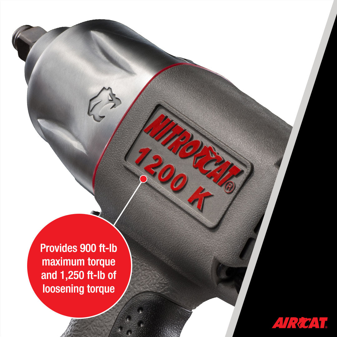 Aircat NitroCat 1200-K close-up showing branded housing and callout for 900 ft-lb maximum torque and high loosening torque