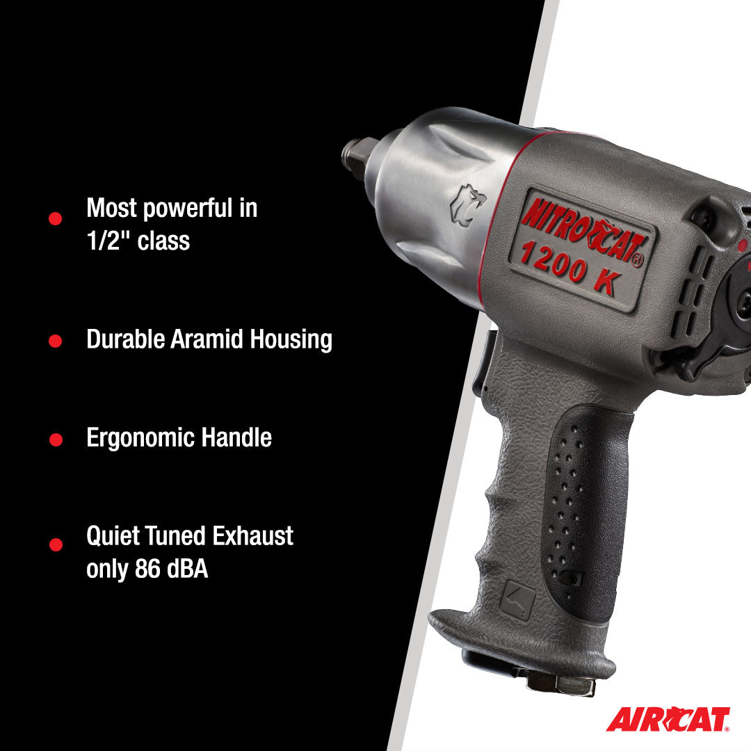 Aircat NitroCat 1200-K key highlights: most powerful in 1/2" class, durable aramid housing, ergonomic handle, and 86 dBA quiet tuned exhaust