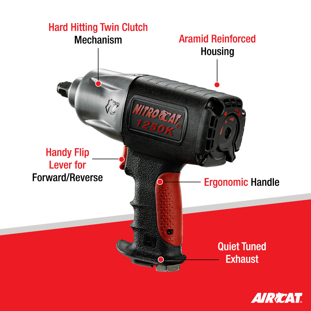 Aircat 1250-K feature diagram highlighting Twin Clutch Mechanism, Aramid Housing, Ergonomic Handle, and Quiet Tuned Exhaust