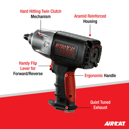 Aircat 1250-K feature diagram highlighting Twin Clutch Mechanism, Aramid Housing, Ergonomic Handle, and Quiet Tuned Exhaust