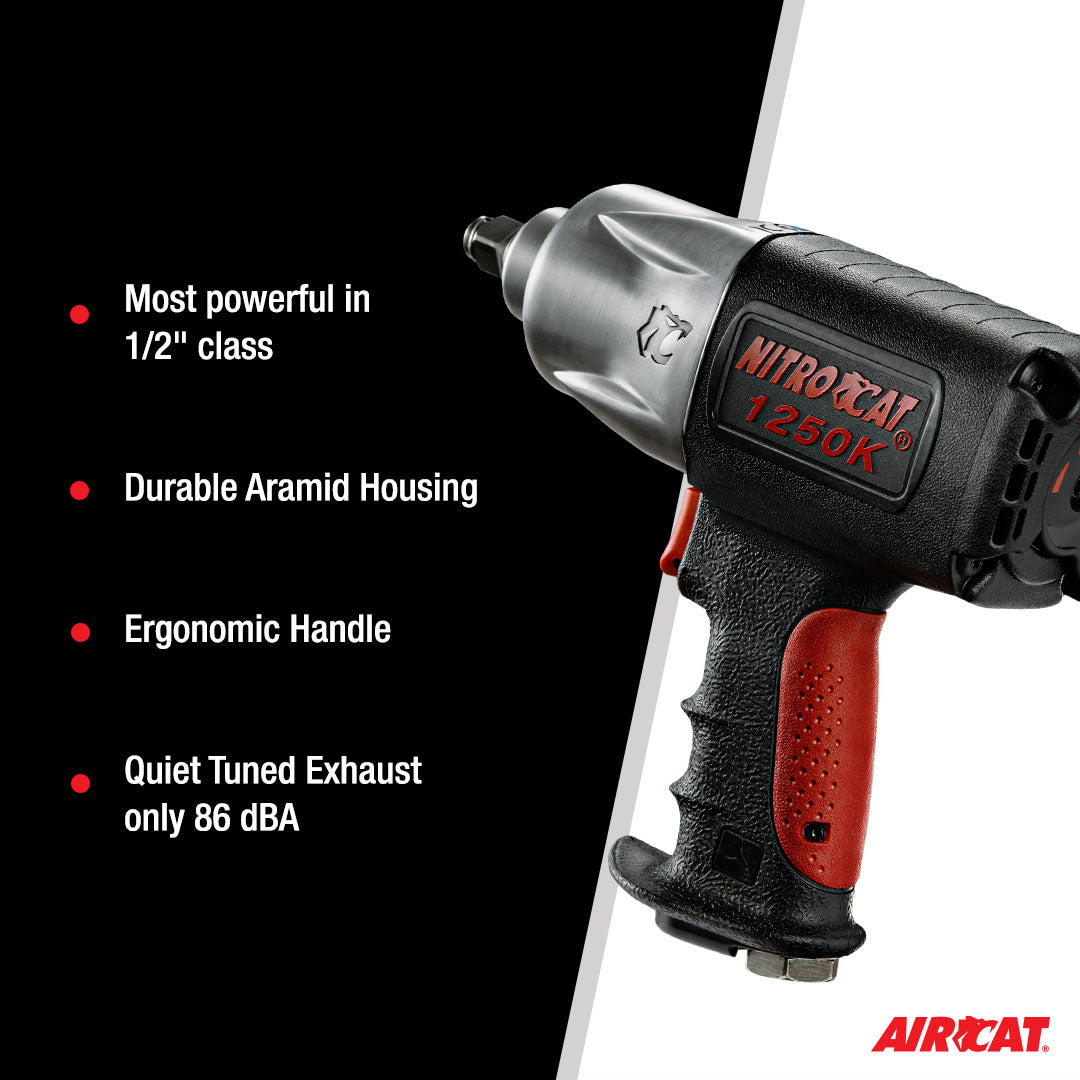 Aircat 1250-K key features - most powerful in 1/2-inch class, Aramid Housing, Ergonomic Handle, 86 dBA quiet exhaust