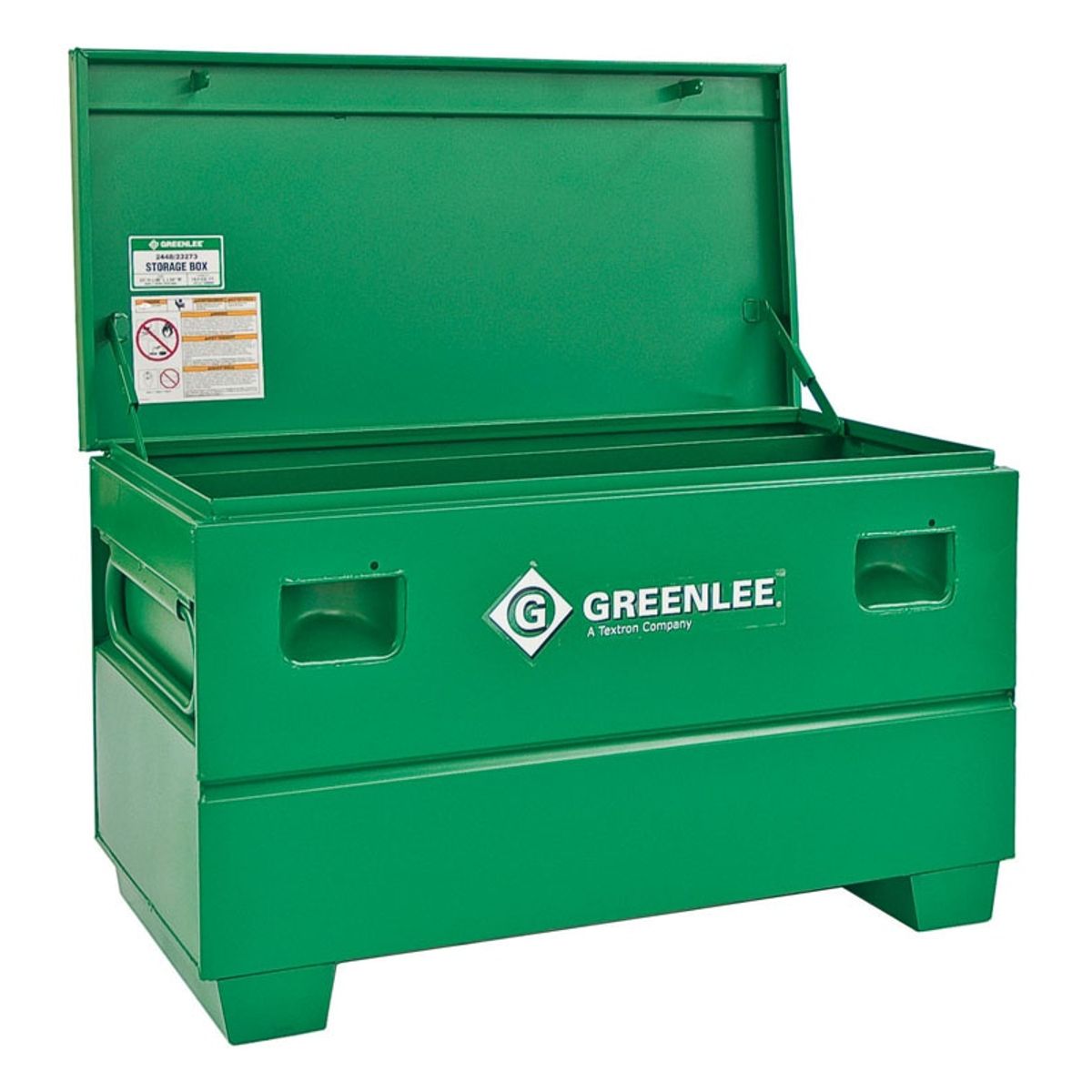 Greenlee 2448X Green 16 Gauge Steel Storage Chest Without Tray, 48 x 24 x 25 In, lid open showing interior and recessed handles