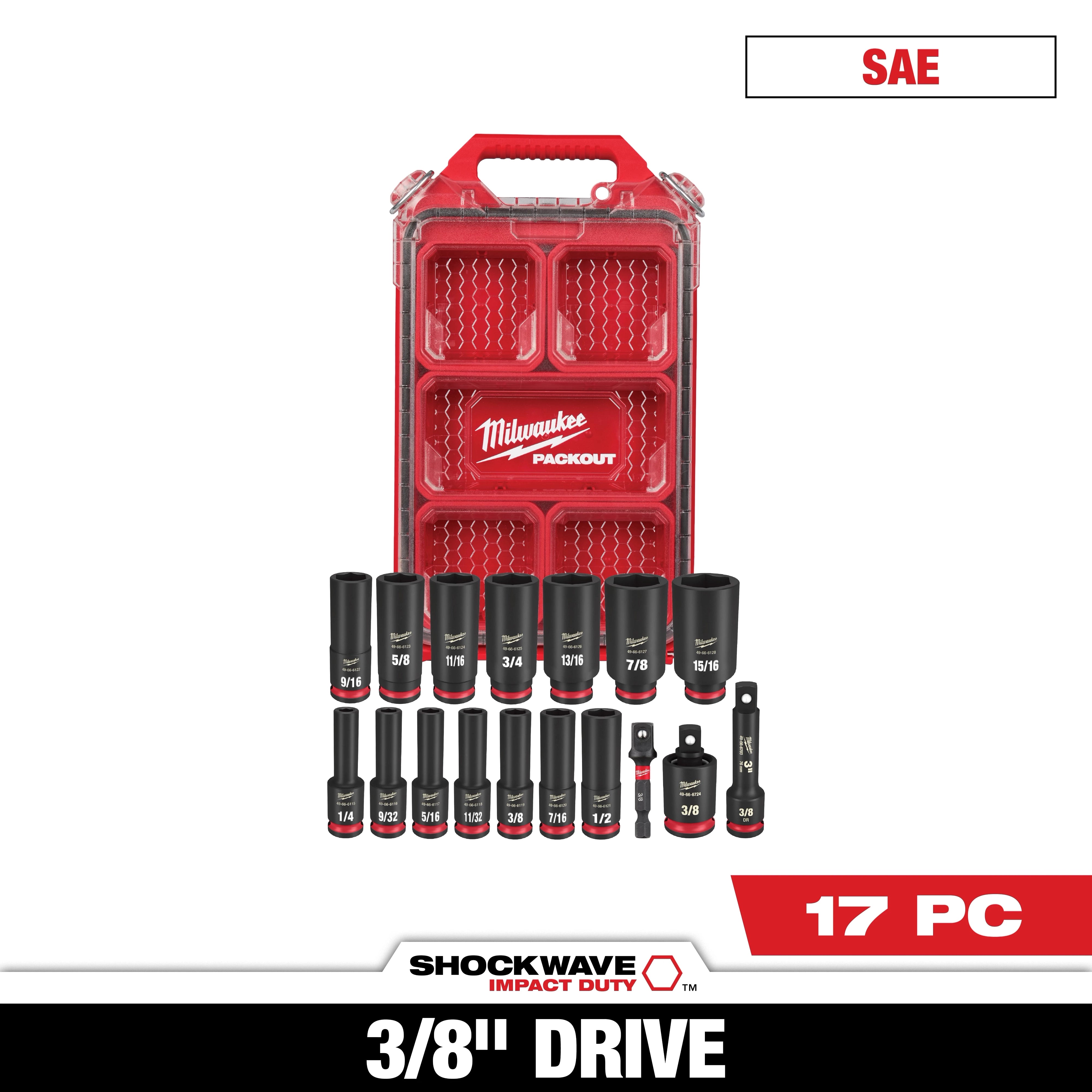 Milwaukee Tool 49-66-6800 17pc SHOCKWAVE 3/8 in Drive SAE Deep Well Impact Socket Set with PACKOUT Organizer