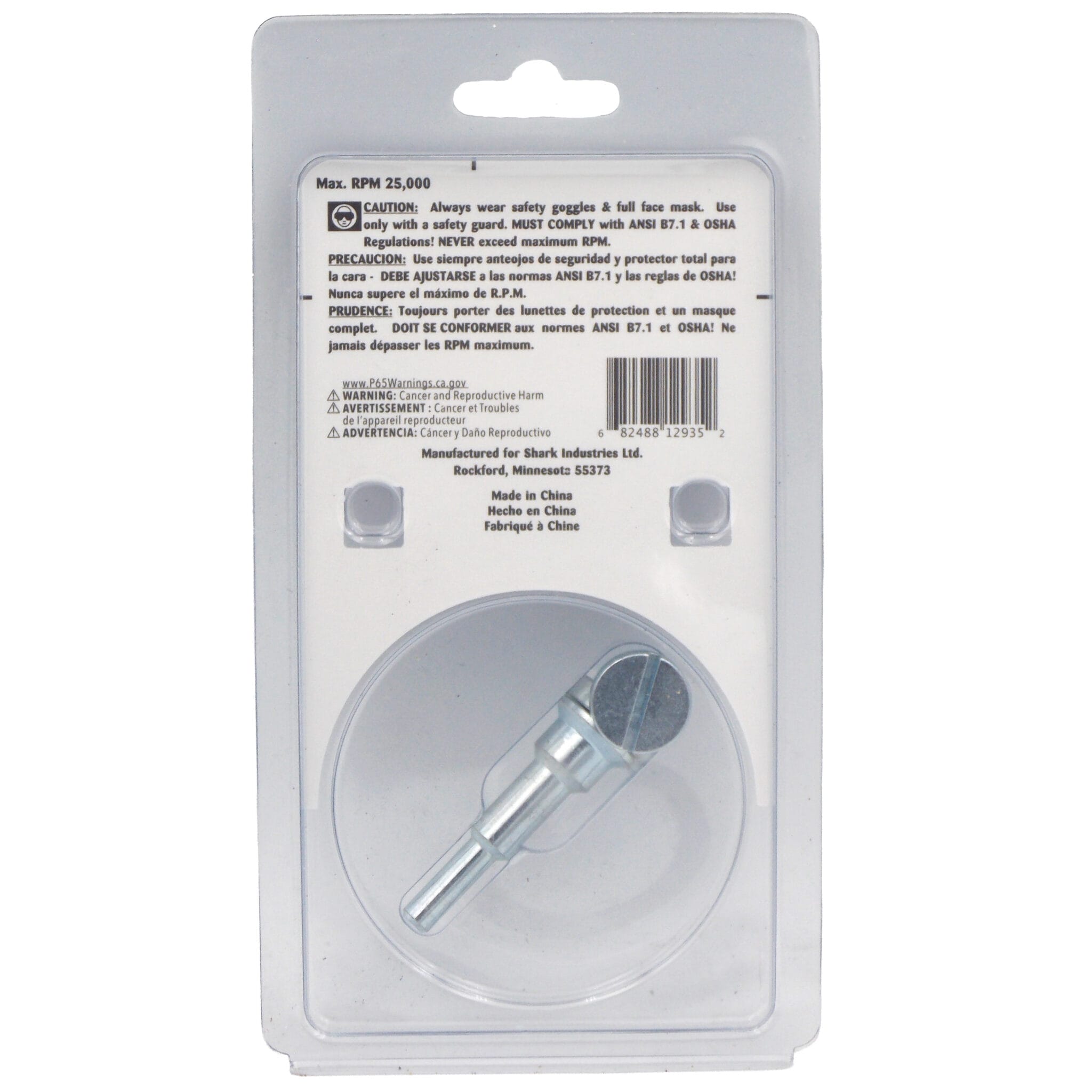 Shark 12935 Mandrel with Shoulder Screw - back of retail packaging with safety info and barcode