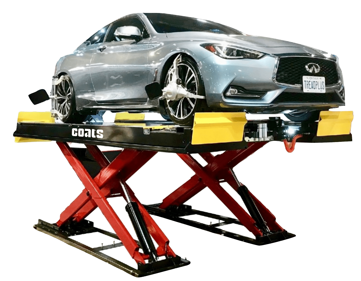 Coats 4TS12OSAR1 12K Alignment Scissor Lift elevated with silver sedan, angle view