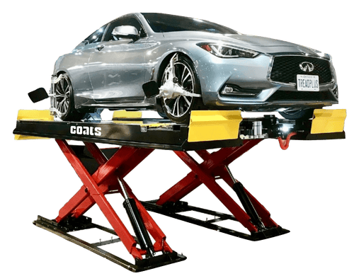 Coats 4TS12OSAR1 12K Alignment Scissor Lift elevated with silver sedan, angle view