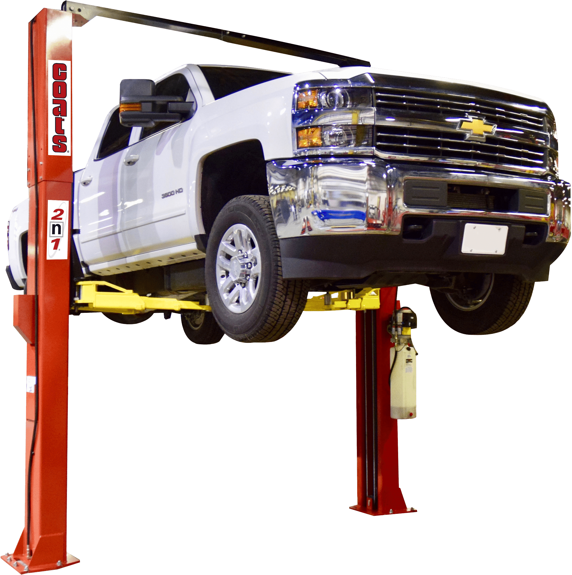 Coats 4T212NSR1 2-Post Lift raising a Chevy 3500 HD truck in a professional shop