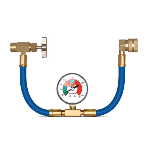 Emzone 45715 1/2" Valve A/C Recharge Hose with Pressure Gauge, 13 In - product view showing blue hose and brass connectors
