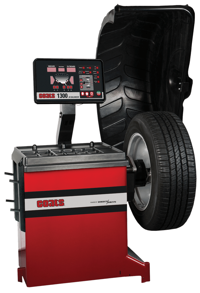 Coats 1300 2D Direct Drive Wheel Balancer with large tire mounted, front view