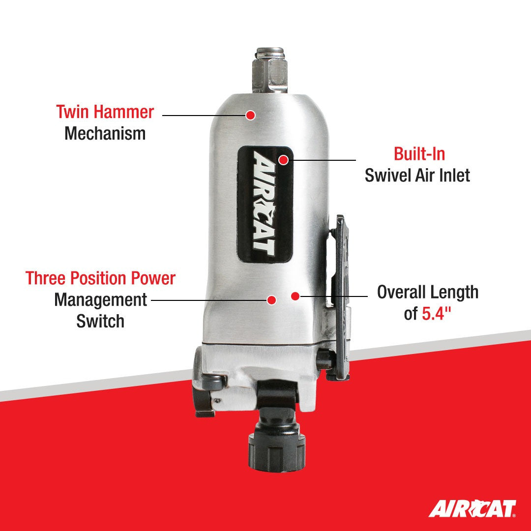 Aircat 1320 feature callout diagram: twin hammer mechanism, built-in swivel air inlet, 3-position power management switch, 5.4" overall length