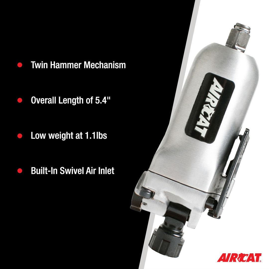 Aircat 1320 key specs infographic: twin hammer mechanism, 5.4" length, 1.1 lbs, built-in swivel air inlet