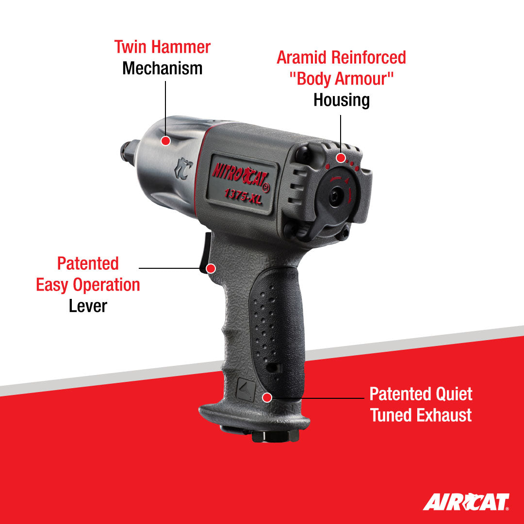 Aircat NitroCat 1375-XL feature callout showing Twin Hammer Mechanism, Aramid Reinforced Body Armour Housing, Patented Easy Operation Lever, and Patented Quiet Tuned Exhaust
