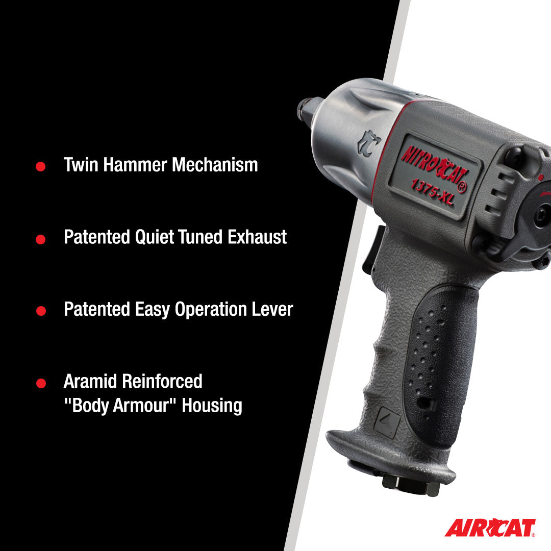 Aircat NitroCat 1375-XL side view listing key features: Twin Hammer Mechanism, Patented Quiet Tuned Exhaust, Patented Easy Operation Lever, Aramid Reinforced Body Armour Housing