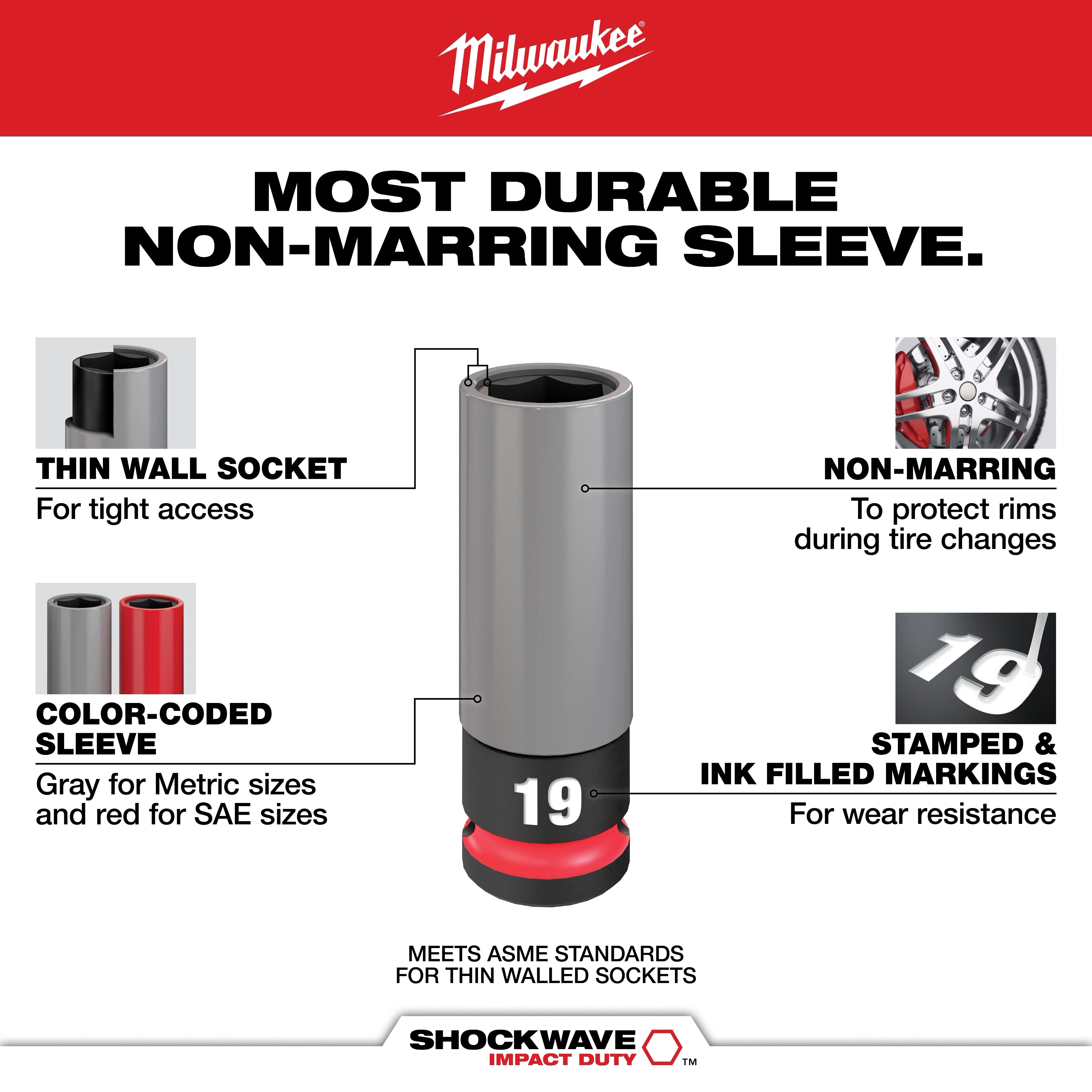 Milwaukee Tool SHOCKWAVE Lug Nut Socket features thin wall design, color-coded gray sleeve, non-marring protection, and stamped ink-filled markings