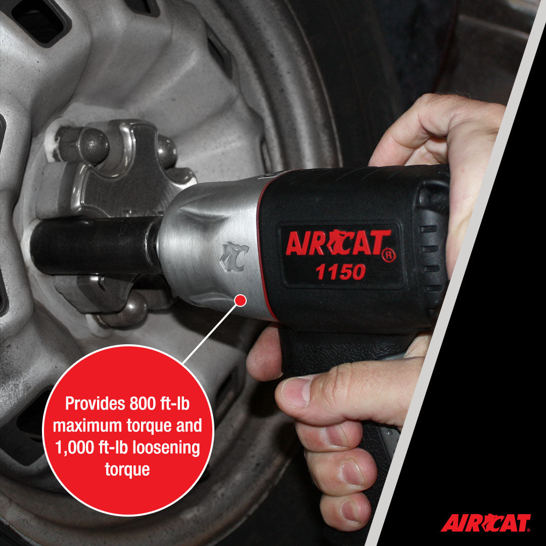 AIRCAT impact wrench delivering 800 ft-lb torque on lug nut - lifestyle action shot