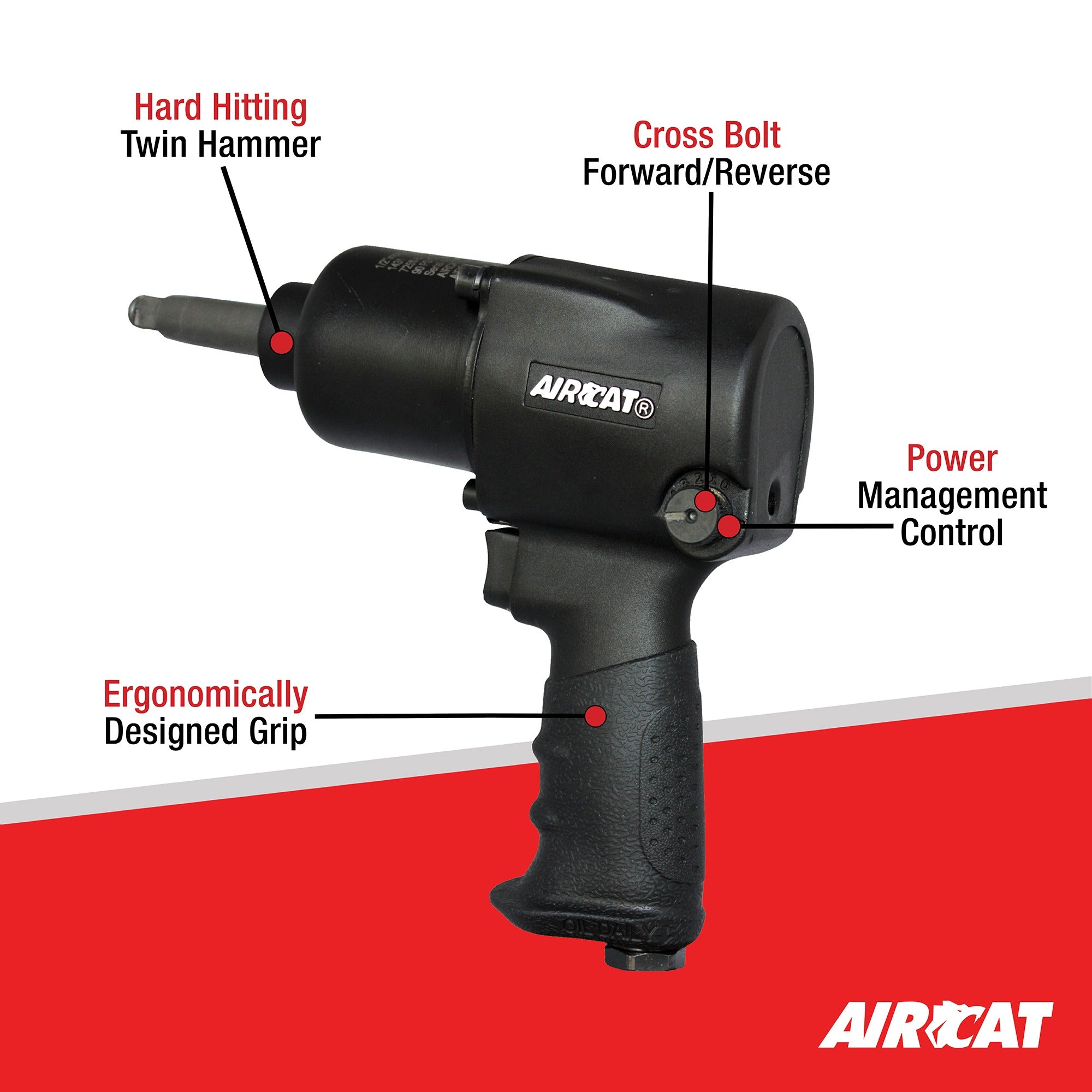Aircat 1431-2 feature diagram: twin hammer, cross bolt forward/reverse, power management control, ergonomic grip
