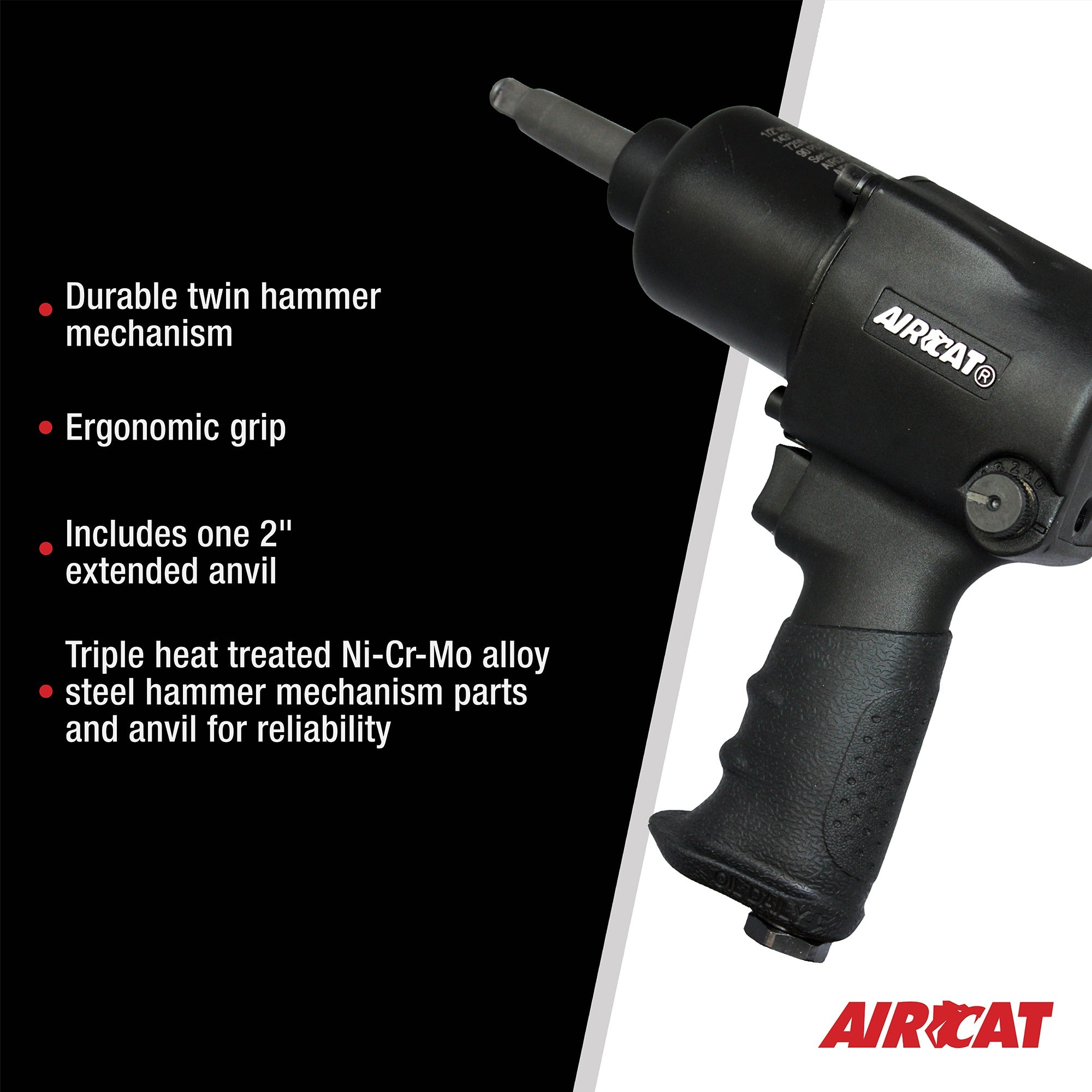 Aircat 1431-2 feature callout: twin hammer mechanism, ergonomic grip, 2" extended anvil, Ni-Cr-Mo alloy steel
