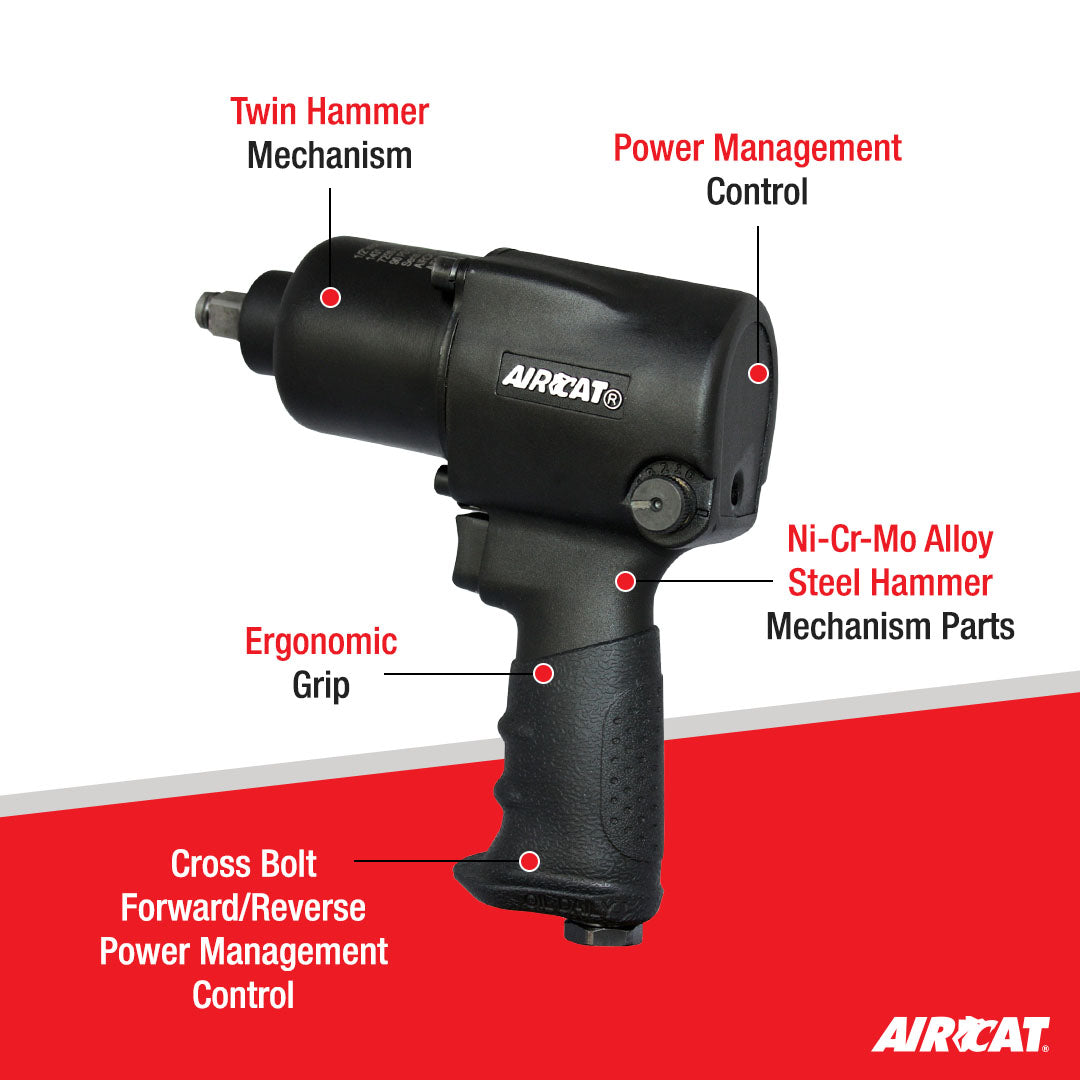 Aircat 1431 Impact Wrench labeled diagram: Twin Hammer Mechanism, Power Management Control, Ergonomic Grip, Ni-Cr-Mo Alloy Steel, Cross Bolt Forward/Reverse