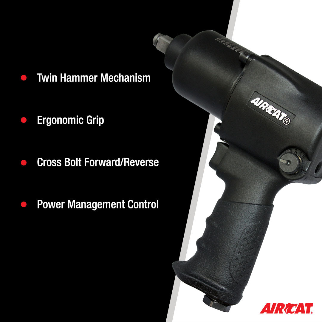 Aircat 1431 Impact Wrench feature callout: Twin Hammer Mechanism, Ergonomic Grip, Cross Bolt Forward/Reverse, Power Management Control