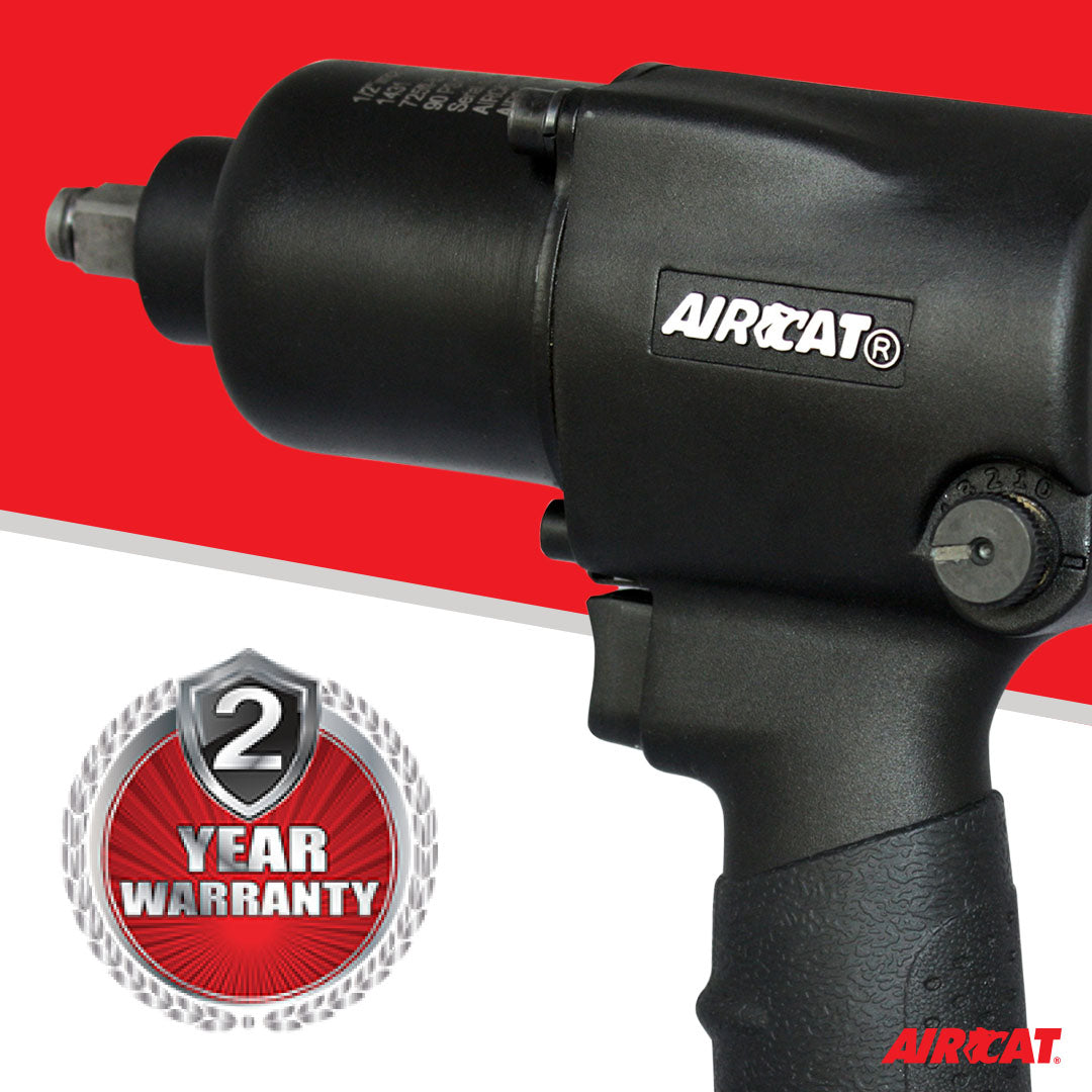 Aircat 1431 Impact Wrench close-up with 2-Year Warranty badge on red background