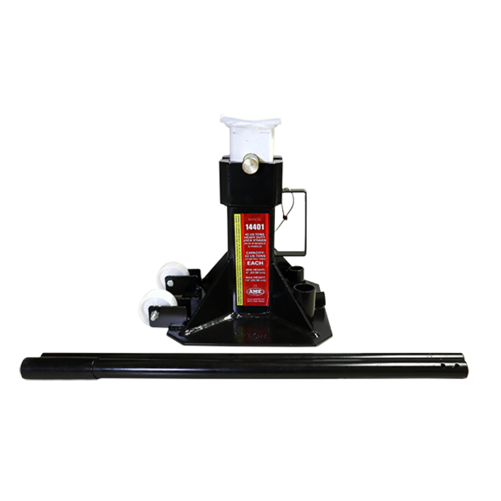 AME International 14401 22 U.S. Ton Heavy Duty Pin Style Jack Stand with 2-piece handle, heavy-gauge steel frame and nylon wheels