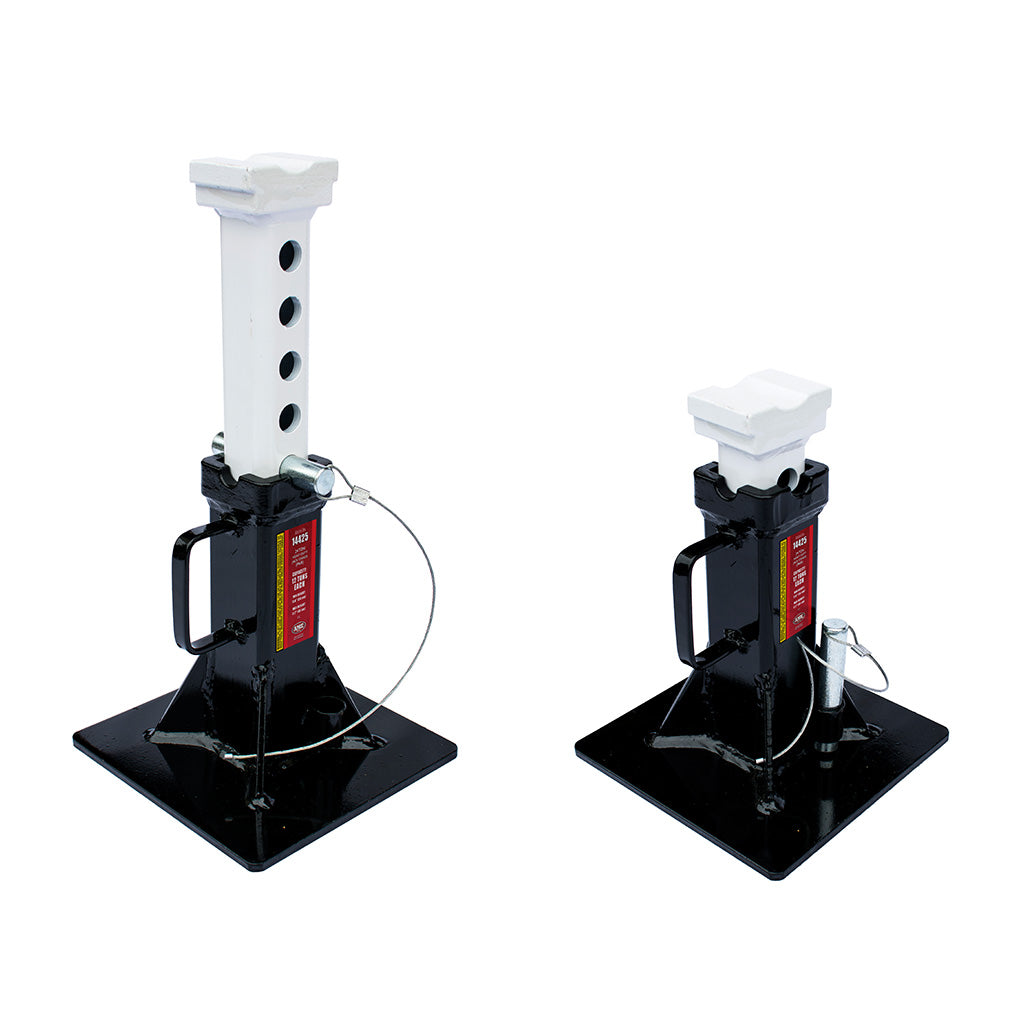 AME International 14425 24-Ton Heavy Duty Jack Stands shown as a pair at extended and retracted heights on white background