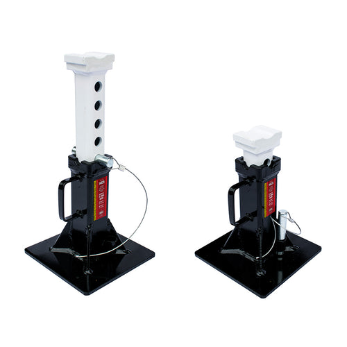 AME International 14425 24-Ton Heavy Duty Jack Stands shown as a pair at extended and retracted heights on white background