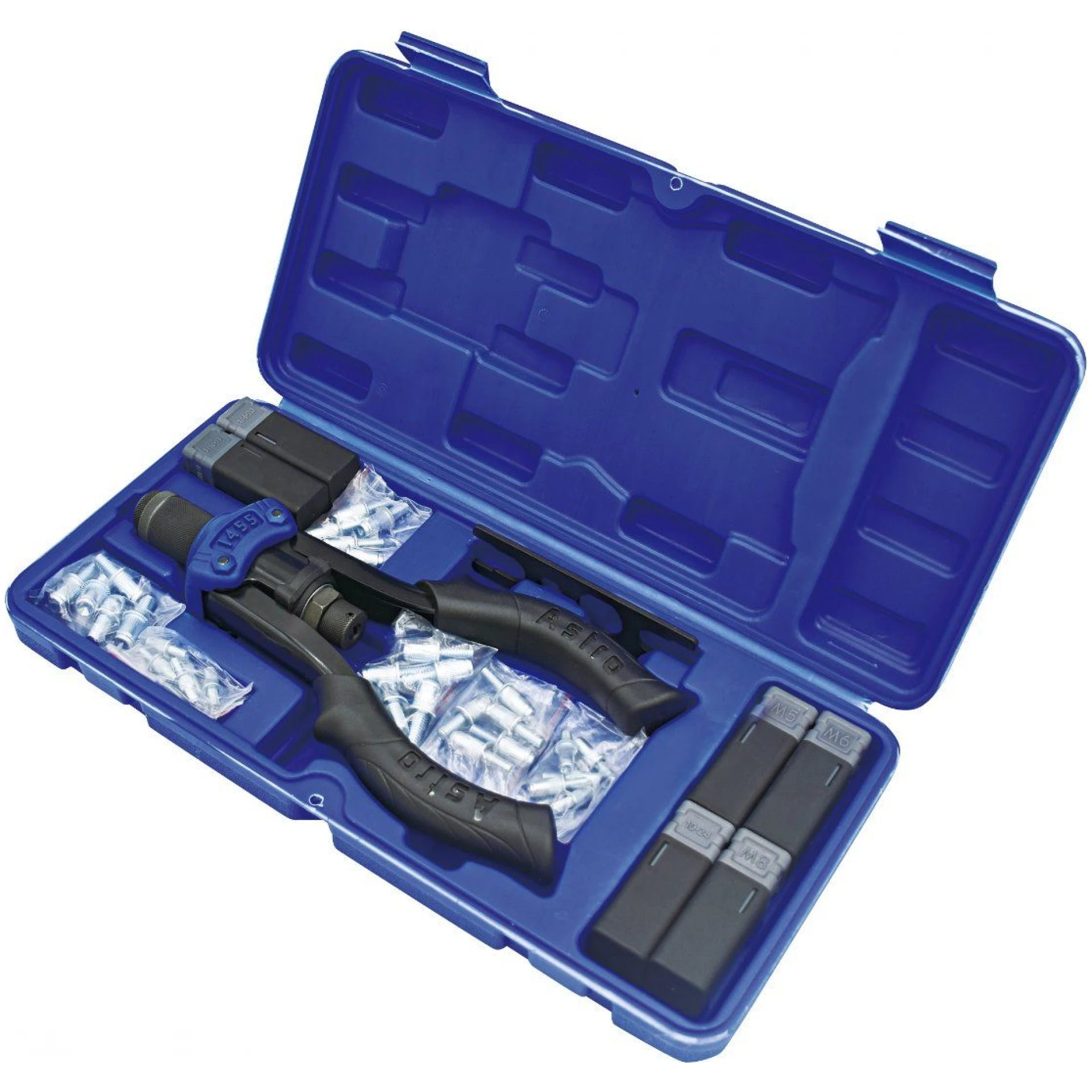 Astro Pneumatic AST-1455 Hand Rivet Stud Setter Kit with rivet studs stored in blue carrying case