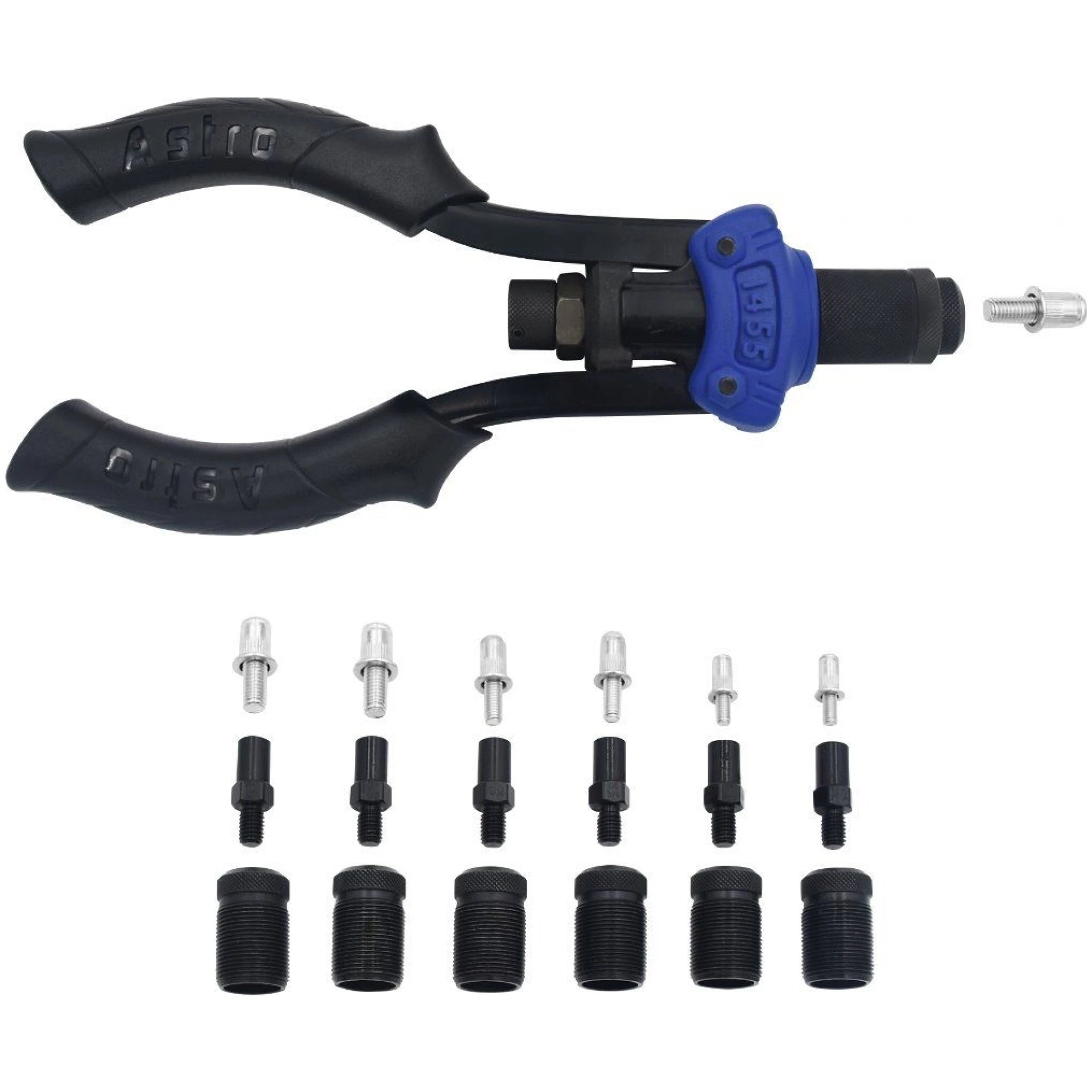 Astro Pneumatic AST-1455 Hand Rivet Stud Setter with mandrels and adapters on white background