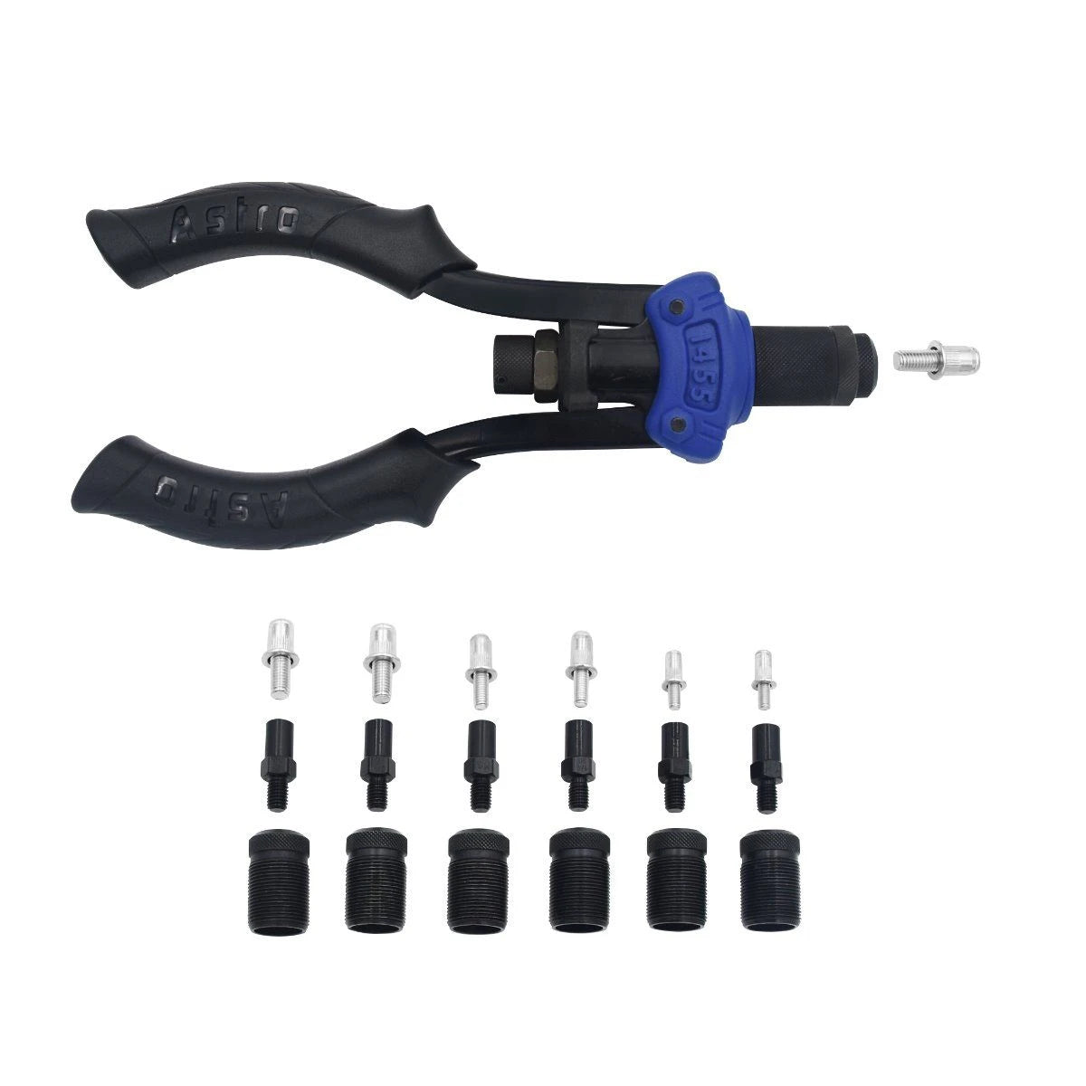 Astro Pneumatic AST-1455 Hand Rivet Stud Setter flat lay with full mandrel and adapter set