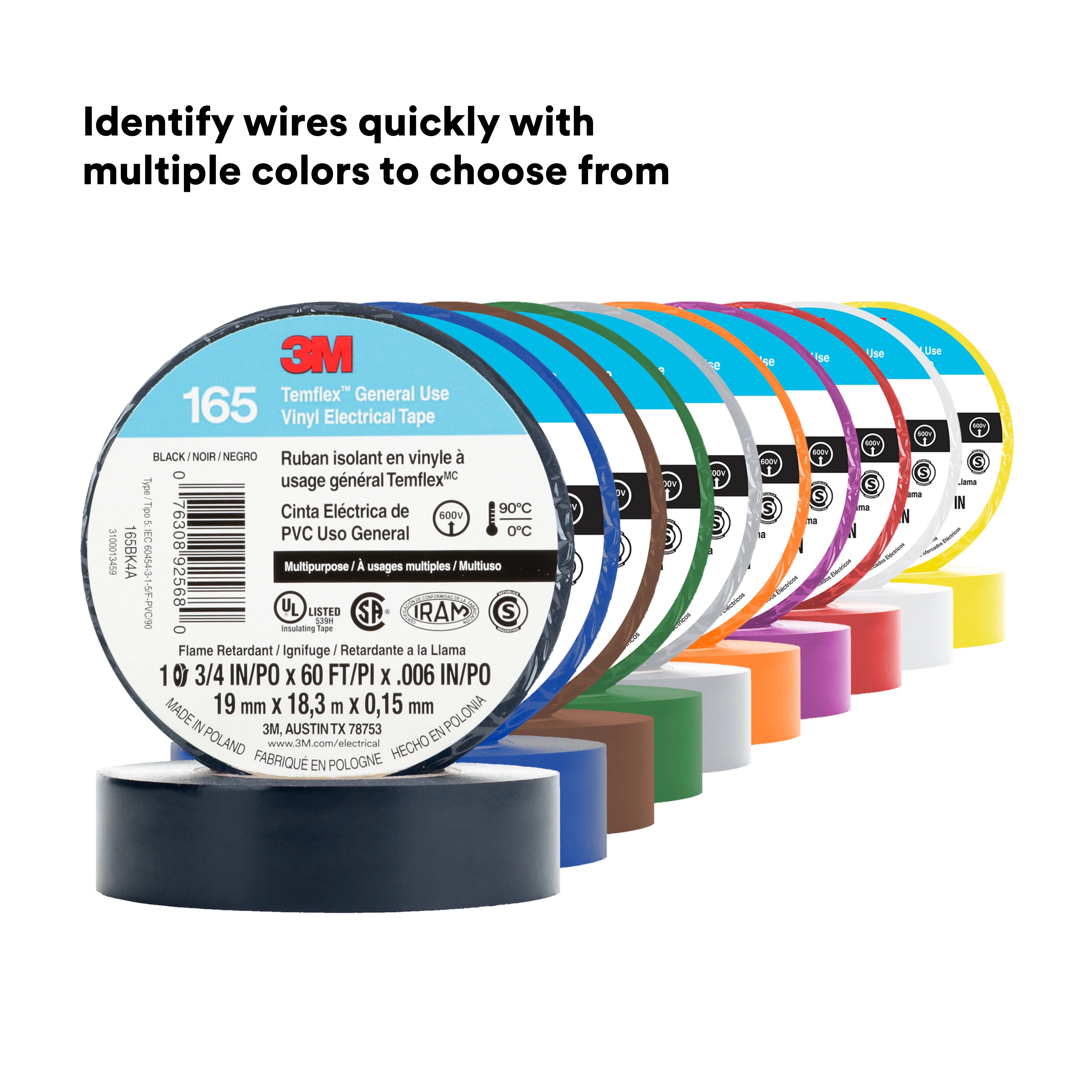 3M Temflex 165 Vinyl Electrical Tape available in multiple colors including black, blue, brown, green, grey, orange, purple, red, white, and yellow