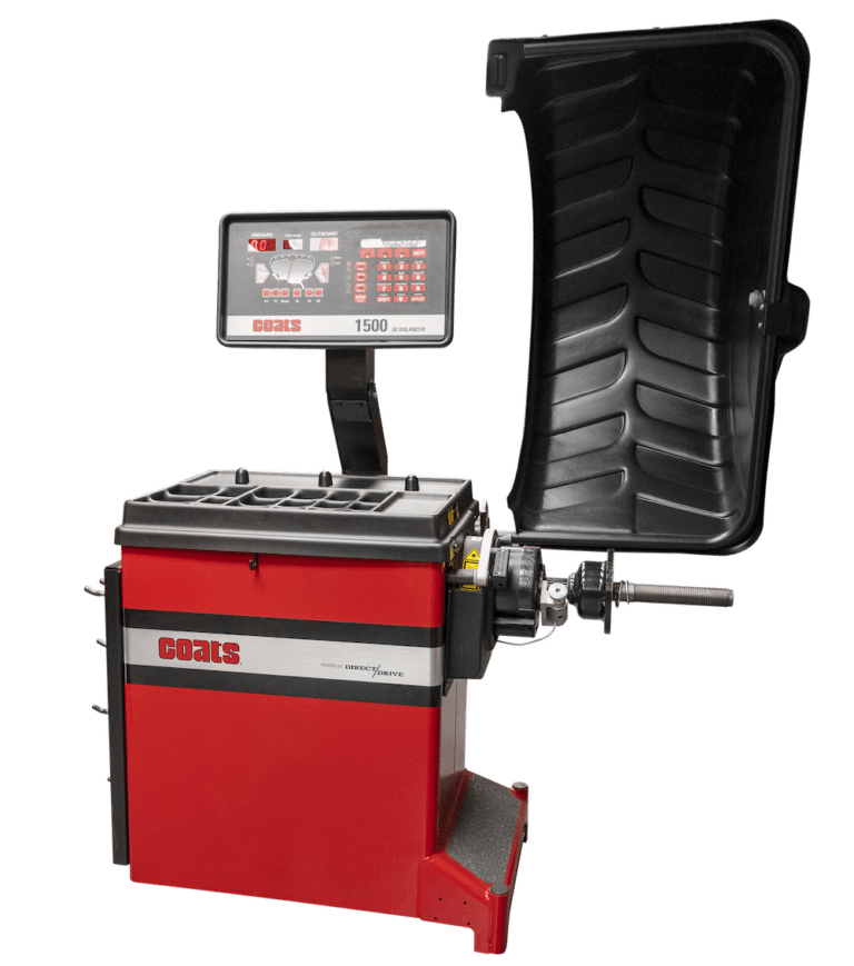 Coats 1500 Direct Drive Wheel Balancer front three-quarter view with tire guard open