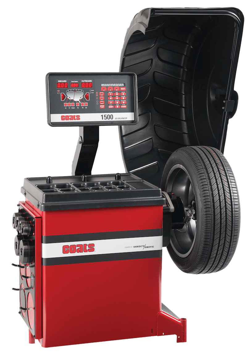 Coats 1500 Direct Drive Wheel Balancer with LED display console and tire guard open, front view