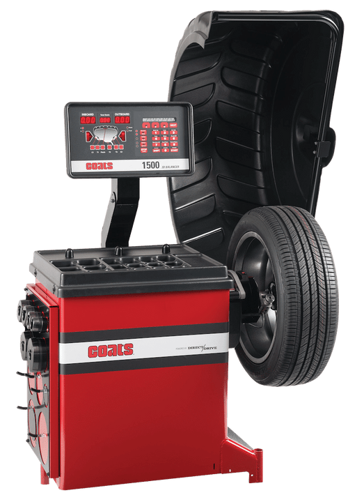 Coats 1500-3D Direct Drive Wheel Balancer front view with mounted passenger tire and large truck tire