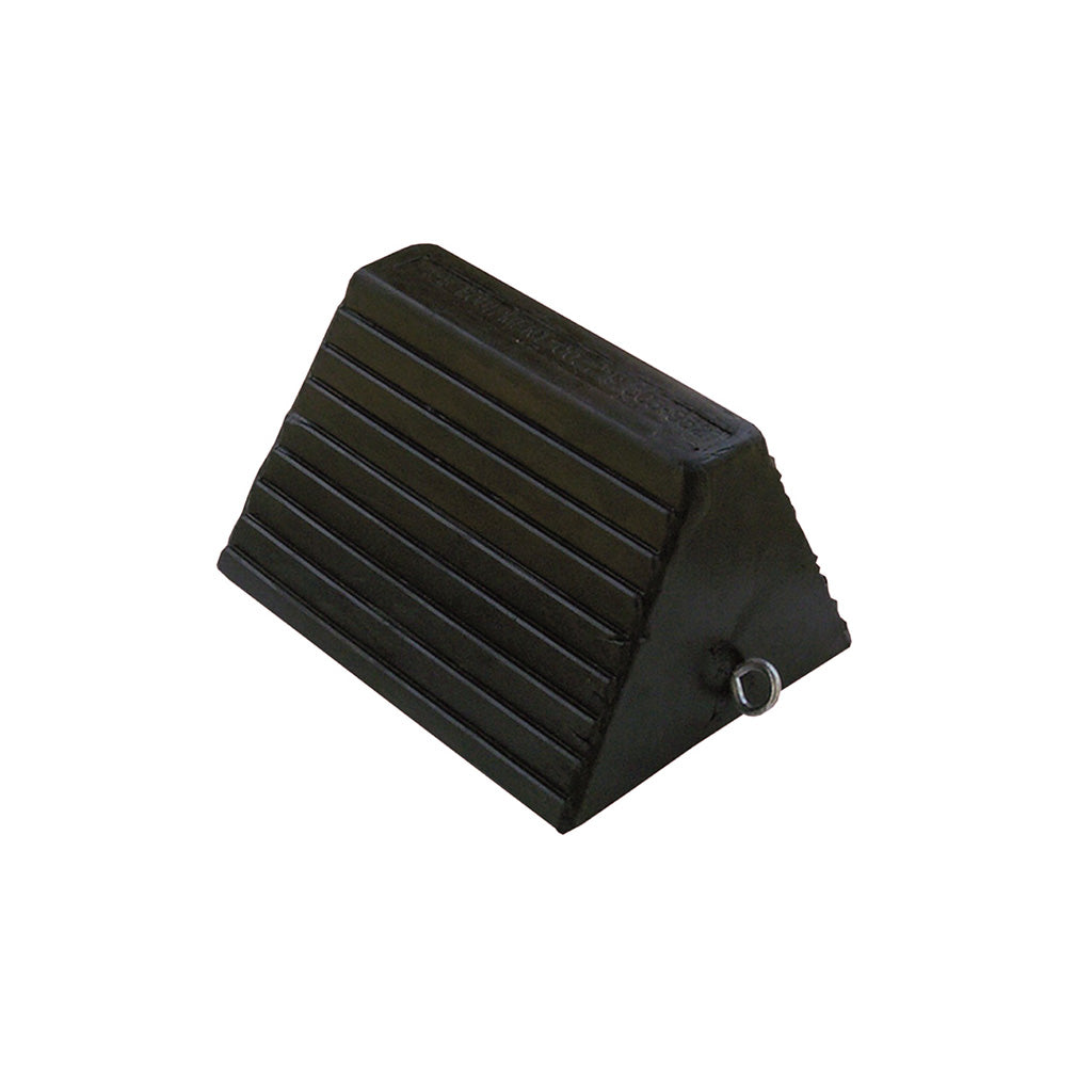 AME International 15300 Molded Rubber Wheel Chock with eye bolt, black ribbed pyramid design on white background