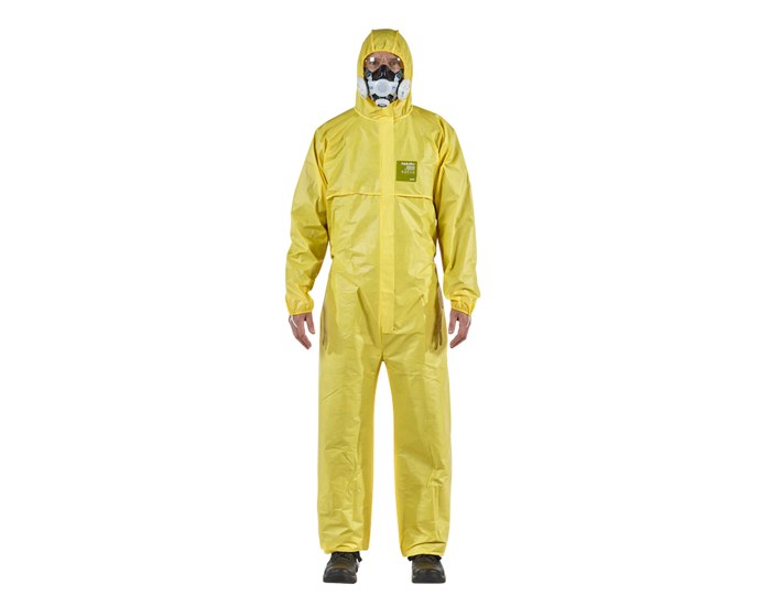 Ansell Microchem AlphaTec Yellow Chemical-Resistant Coverall Size Medium with attached hood, elastic wrists, and ankles