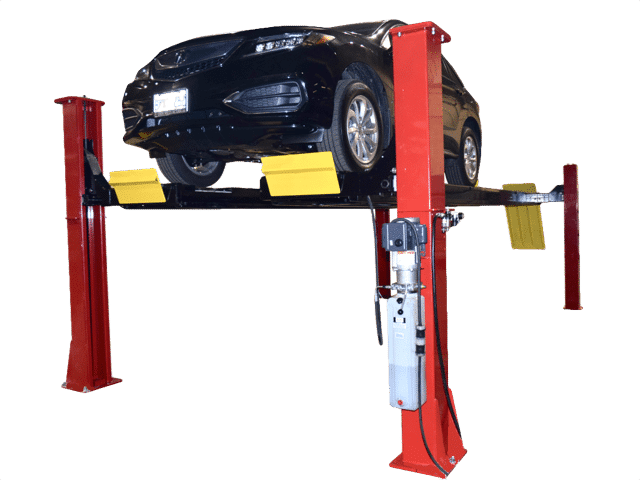 Coats 2-post vehicle lift with a black SUV raised on platform arms