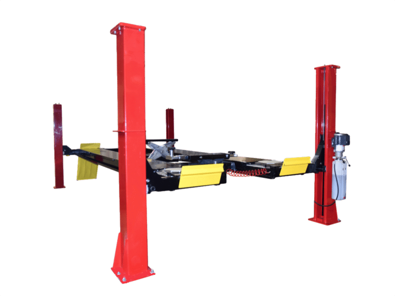Coats red 4-post vehicle lift platform with drive-on runways, no vehicle